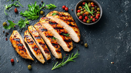 A beautifully arranged plate of grilled chicken breast slices garnished with fresh herbs next to a colorful berry medley, perfect for culinary inspiration and healthy meals.の素材