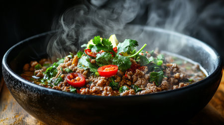 A steaming bowl of spicy and flavorful ground meat dish garnished with fresh herbs and chili peppers, showcasing a vibrant and appetizing presentation for food lovers.の素材