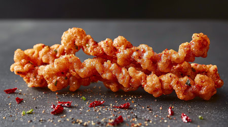 A deliciously crispy fried snack, shaped into stick form and coated with spices and chili flakes, perfect for adding a gourmet touch to any food photography project.の素材