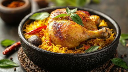 Enjoy a vibrant bowl of aromatic biryani featuring juicy chicken, colorful spices, and fresh herbs. Perfect for a cozy dinner or festive gathering, this dish delights the senses.の素材