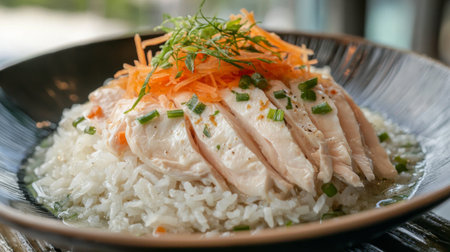 This beautifully presented dish features tender steamed chicken served atop fluffy white rice, garnished with fresh carrot and green onion for flavor and color.の素材