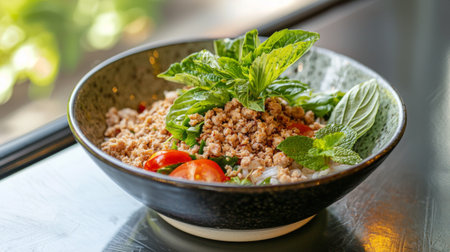 A vibrant Thai minced chicken salad featuring fresh vegetables and aromatic herbs showcases a blend of flavors and textures perfect for a healthy meal option.の素材