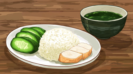 A vibrant meal featuring rice, chicken, and fresh cucumbers, complemented by a warm cup of green tea. Ideal for health-conscious food enthusiasts.の素材