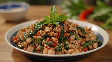 A vibrant stir-fry featuring tender chicken and fresh basil, this dish showcases the richness of Thai cuisine, perfect for any meal or gathering.の素材