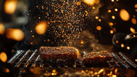 Captivating close-up of grilled meat sprinkled with spices amidst dancing flames and smoke, creating a mouthwatering scene perfect for summer BBQ.の素材