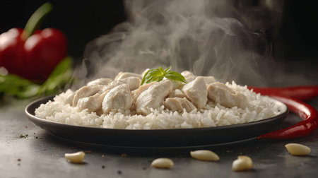 A steaming plate of tender chicken served on fluffy white rice, garnished with fresh basil, captures the essence of a homemade meal bursting with flavor.の素材