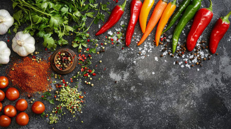 An artistic arrangement of colorful spices and fresh ingredients on a dark surface, featuring various peppers, garlic, and tomatoes. Perfect for culinary inspiration.の素材