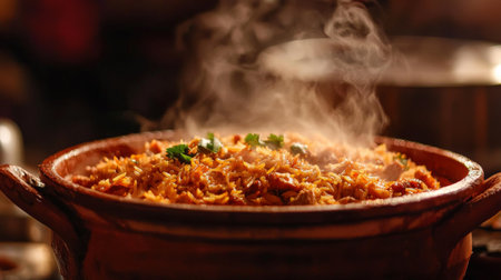This image showcases a steaming dish of rice and meat served in a traditional clay pot, evoking warmth and comfort. Perfect for illustrating home cooked meals.の素材