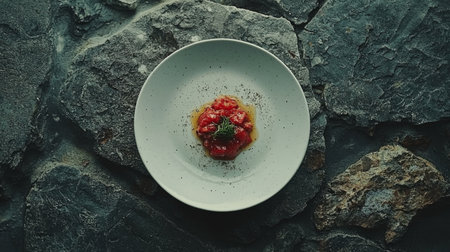 This image showcases a beautifully presented fresh tomato tartare on a minimalist plate, highlighting the freshness of ingredients against a rustic stone backdrop.の素材