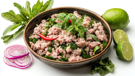 A colorful ground meat salad featuring fresh herbs, lime, and chilies, presented in a rustic bowl, perfect for showcasing vibrant culinary artistry.の素材
