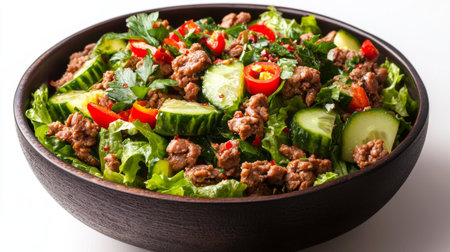A fresh salad bowl filled with crunchy cucumbers, juicy cherry peppers, and savory ground meat, showcasing vibrant colors and healthy ingredients for a nutritious meal.の素材