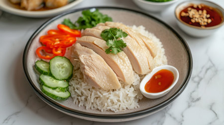 Experience the delightful flavors of a classic chicken rice dish featuring tender chicken breast, fresh vegetables, and a savory sauce on a stylish marble table.の素材