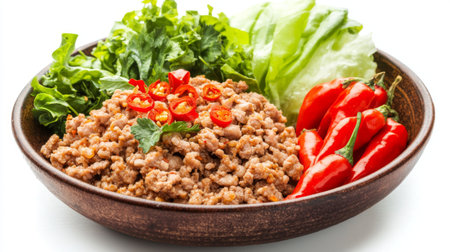 A deliciously prepared minced meat dish presented on a wooden plate, garnished with fresh red chilies and crisp lettuce, ideal for healthy meal inspiration.の素材