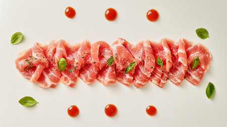 This image features beautifully sliced prosciutto arranged with fresh basil and sauce drops, perfect for showcasing gourmet culinary presentation and appetizing aesthetics.の素材