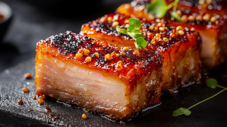 A tantalizing close-up of crispy pork belly with a beautifully glazed skin, garnished with fresh herbs, perfect for food lovers and culinary enthusiasts.の素材