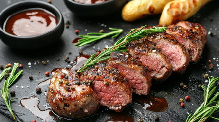 Enjoy a visually appealing presentation of succulent grilled meat slices garnished with fresh herbs, served on a sleek black slate plate with sauces.の素材