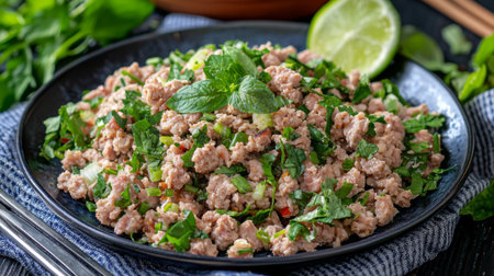 This vibrant minced meat salad features a blend of fresh herbs, lime, and vegetables, offering a nutritious choice for health-conscious food enthusiasts.の素材