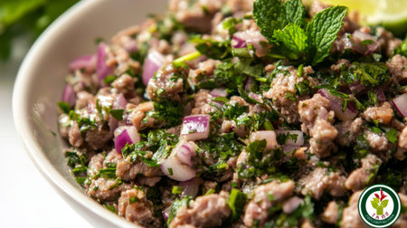 A vibrant salad featuring fresh ground meat mixed with mint, onion, and parsley. Perfect for a light meal or a flavorful appetizer, garnished with lime.の素材