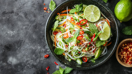 Experience the vibrant colors and fresh flavors of a delicious rice noodle salad topped with lime, mint, and chili, perfect for health-conscious dining.の素材