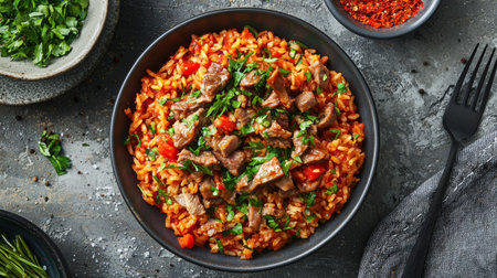 This enticing beef with rice dish features tender meat and fresh greens, creating a warm and vibrant meal presentation perfect for culinary lovers and food photography enthusiasts.の素材