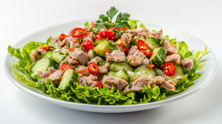 A vibrant salad featuring tender meat pieces, fresh cucumbers, and spicy peppers, beautifully presented on crisp lettuce, ideal for a healthy meal or appetizer.の素材