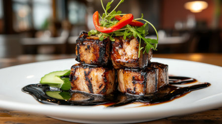 Savory grilled teriyaki cubes beautifully arranged on a white plate, garnished with fresh vegetables and a rich glaze, set in a modern restaurant environment.の素材