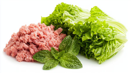 This vibrant image features fresh ground meat alongside crisp lettuce and fragrant mint leaves, perfect for showcasing healthy cooking and vibrant meal ideas.の素材
