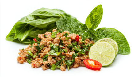 A colorful and appetizing minced meat dish served with fresh herbs, slices of lime, and green chilies, perfect for food enthusiasts looking for vibrant flavors.の素材