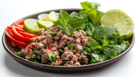 Discover a vibrant Thai dish featuring minced meat, fresh herbs, mint leaves, and lime slices, elegantly presented on a rustic plate, perfect for food lovers.の素材