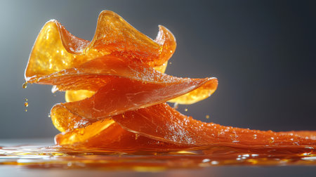 A captivating close-up of vibrant orange candy swirls on a reflective surface, showcasing glossy textures and dynamic movement, ideal for food photography needs.の素材