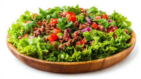A vibrant salad featuring a mixture of ground meat, fresh lettuce, diced tomatoes, onions, and garnished with herbs, served in a wooden bowl, ideal for nutritious meals.の素材