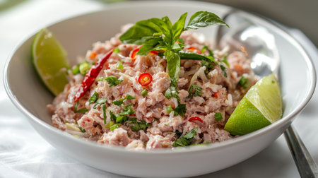 This vibrant mixed salad features fresh herbs, lime, and chili peppers, creating a colorful and nutritious dish perfect for any healthy meal or gourmet recipe.の素材