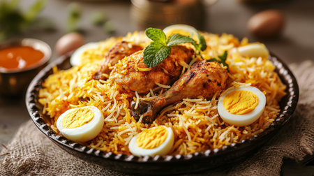 A mouthwatering dish of chicken biryani featuring tender chicken pieces, boiled eggs, and fragrant spices, perfect for a hearty meal or festive gatherings.の素材