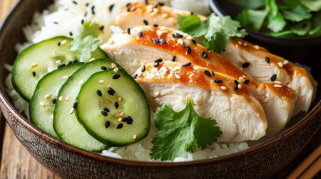 A delightful bowl featuring grilled chicken slices atop fluffy rice, complemented by fresh cucumber, fragrant herbs, and a sprinkle of sesame seeds, ideal for healthy eating.の素材