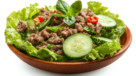 A vibrant and appetizing salad featuring minced meat, fresh cucumber slices, and red chili arranged on crisp lettuce leaves. Perfect for healthy meal ideas.の素材