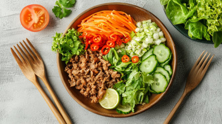 A vibrant salad bowl featuring fresh vegetables, meat, and herbs, perfect for a nutritious meal. Ideal for healthy eating, cooking inspiration, or food photography.の素材