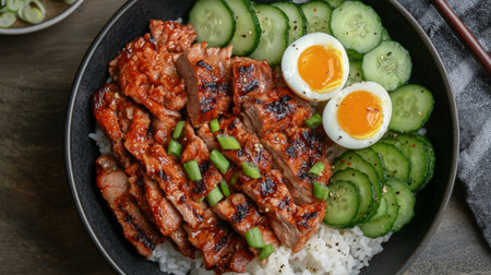 A visually appealing dish showcasing grilled chicken served over rice, accompanied by fresh cucumber slices and soft boiled eggs, ideal for meal inspiration.の素材