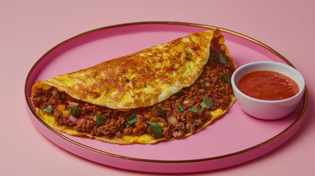 A vibrant beef omelet filled with fresh ingredients, served elegantly on a pink plate with a small bowl of sauce, perfect for food photography or menus.の素材
