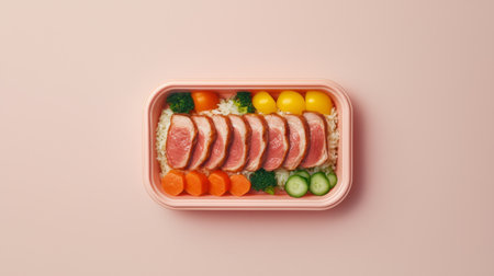 A beautifully arranged gourmet meal in a container showcases tender slices of meat alongside vibrant vegetables and rice on a soft pink background, emphasizing health and style.の素材