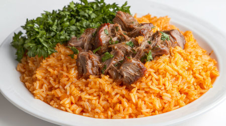 A vibrant plate featuring spicy steamed rice topped with tender beef and garnished with fresh herbs creates a delightful and savory dining experience.の素材
