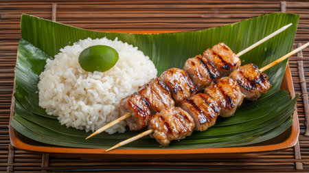 Grilled meat skewers complement perfectly with fluffy steamed rice and a refreshing lime, presented on a green leaf plate for an elegant touch to any meal.の素材