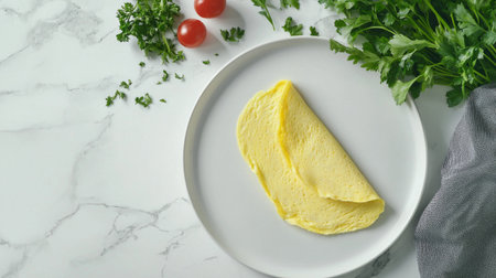 A beautifully presented yellow omelette on a white plate, surrounded by fresh parsley and cherry tomatoes, showcasing a clean and stylish breakfast setting on marble.の素材
