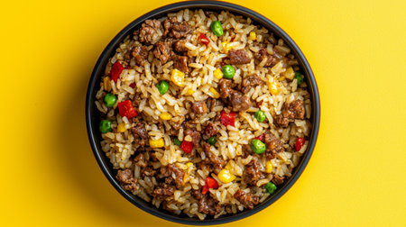 A vibrant bowl of fried rice featuring meat and mixed vegetables sits on a bright yellow background, perfect for showcasing delicious culinary creations and inviting appetites.の素材