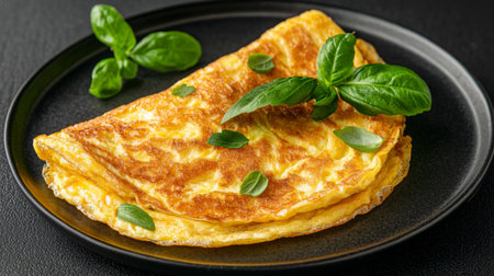 A beautifully plated omelette sits on a sleek black plate, garnished with fresh basil leaves, showcasing a delicious breakfast option that is simple yet elegant.の素材