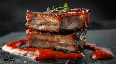 Enjoy the rich flavor of grilled pork belly, perfectly glazed and served on a textured black slate plate, accentuated by a vibrant red sauce and fresh microgreens.の素材