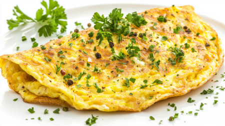A fluffy omelette made from fresh eggs, perfectly cooked and garnished with vibrant herbs, ideal for a wholesome breakfast or brunch that delights the palate.の素材