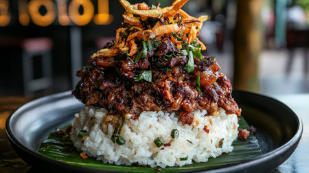 A visually stunning rice dish features a rich sauce garnished with crispy onions and fresh herbs, creating a perfect blend of flavors and textures in a restaurant setting.の素材