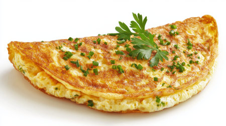 A perfectly cooked omelette, golden and fluffy, garnished with fresh herbs, ideal for breakfast or brunch. This image emphasizes culinary excellence and vibrant flavors.の素材