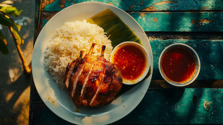 A mouthwatering plate features grilled chicken accompanied by fluffy rice and two servings of spicy sauce, ideal for enticing food lovers and culinary enthusiasts.の素材