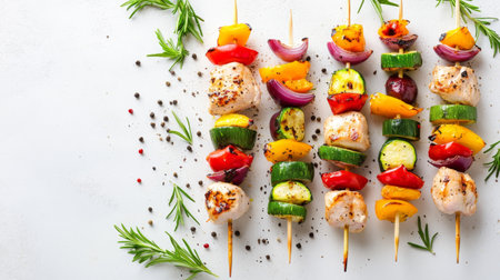 Vibrant skewers featuring grilled seafood and fresh vegetables, ideal for summer barbecues, healthy meals, and culinary presentations. Perfect for any occasion!の素材